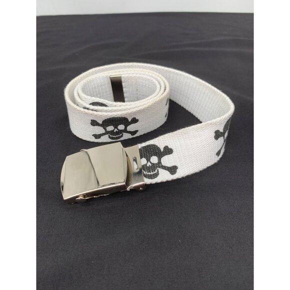 Vintage Y2K White Cotton Belt with Black Skulls & Crossbones Slide Adjustable - Picture 1 of 2